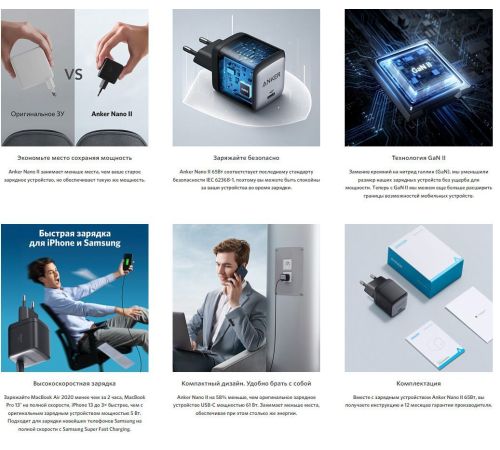 Сетевое зарядное Anker PowerPort Nano II GaN 65 Вт