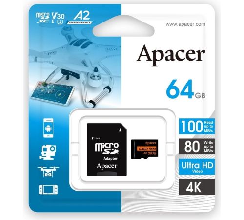 Карта памяти Apacer microSDXC AP64GMCSX10U8-R 64GB с адаптером