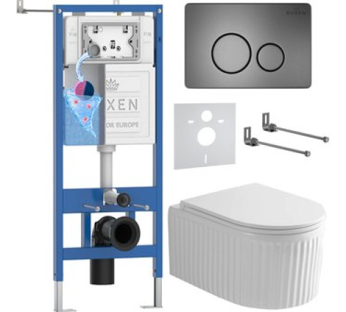 Унитаз подвесной Roxen Antares Tornado Long в комплекте с инсталляцией StounFix Dual Fresh 6 в 1 868439 кнопка: брашированное золото матовая