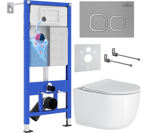 Унитаз подвесной Roxen Vortex Tornado в комплекте с инсталляцией StounFix Dual Fresh 6 в 1 964479 кнопка: хром матовый