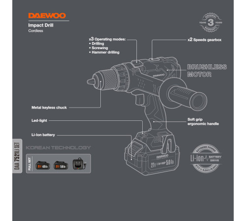 Ударная дрель-шуруповерт Daewoo Power DAA 7521Li Set с 2-мя АКБ, кейс