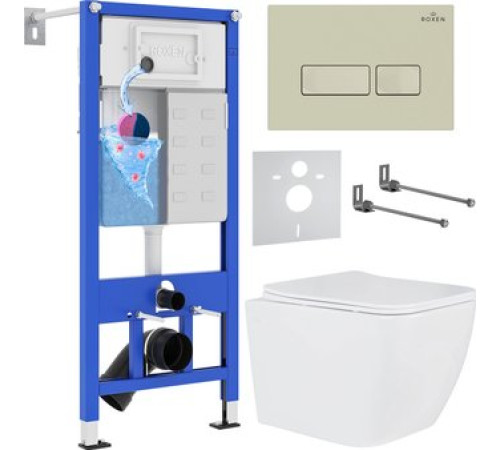 Унитаз подвесной Roxen Cube в комплекте с инсталляцией StounFix Dual Fresh 6 в 1 966634 кнопка: бежевый