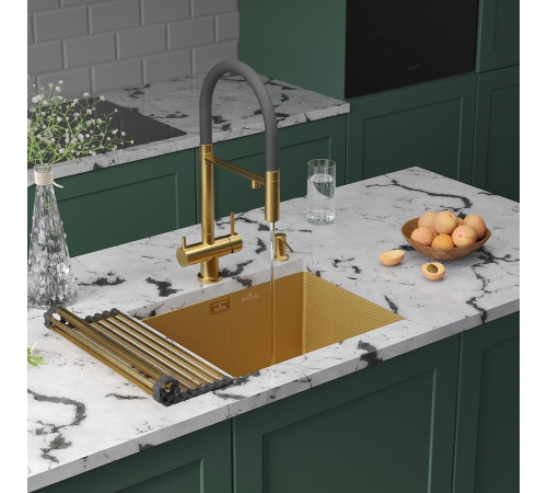 Кухонная мойка Roxen Uno 560210-54-GS PVD золотая/текстурная с ролл-матом и дозатором
