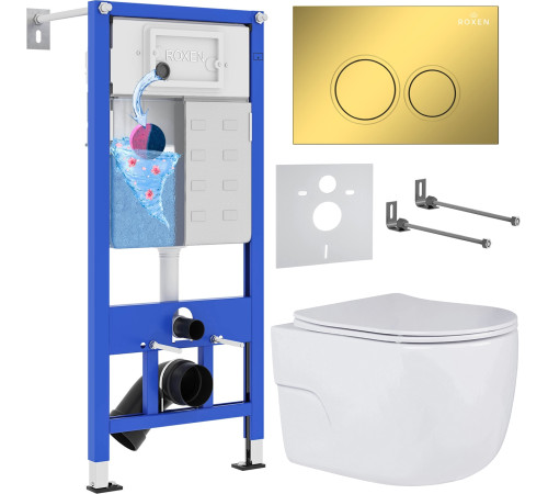 Унитаз подвесной Roxen Porto в комплекте с инсталляцией StounFix Dual Fresh 6 в 1 968015 кнопка: золото глянцевое