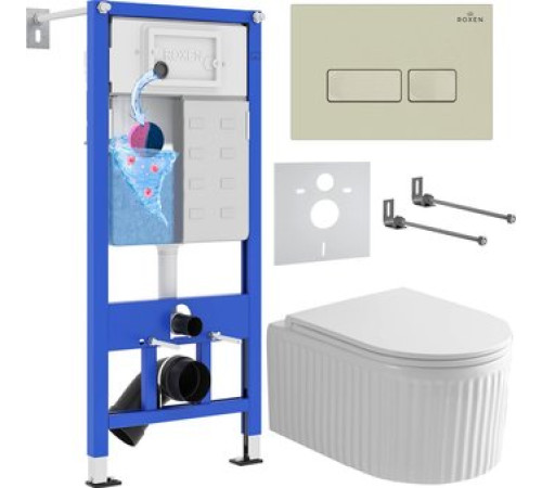 Унитаз подвесной Roxen Royal Matt в комплекте с инсталляцией StounFix Dual Fresh 6 в 1 968222 кнопка: пастель бежевый