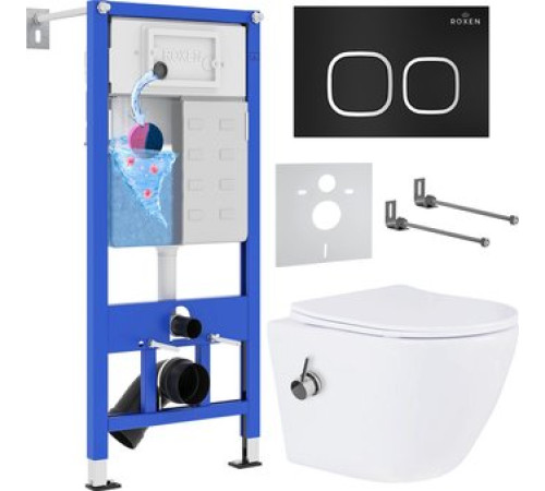 Унитаз подвесной Roxen Antares Bidet в комплекте с инсталляцией StounFix Dual Fresh 6 в 1 938621 кнопка: черный матовый