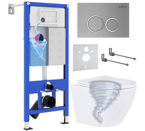 Унитаз подвесной Roxen Antares Tornado в комплекте с инсталляцией StounFix Dual Fresh 6 в 1 968345 кнопка: хром матовый