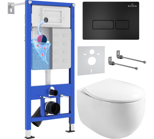 Унитаз подвесной Roxen Egg в комплекте с инсталляцией StounFix Dual Fresh 6 в 1 964195 кнопка: черный матовый