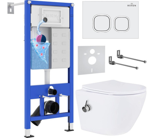 Унитаз подвесной Roxen Antares Bidet в комплекте с инсталляцией StounFix Dual Fresh 6 в 1 934445 кнопка: белый глянец