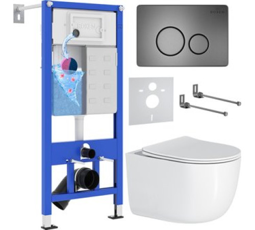 Унитаз подвесной Roxen Vortex Tornado в комплекте с инсталляцией StounFix Dual Fresh 6 в 1 964590 кнопка: оружейная сталь