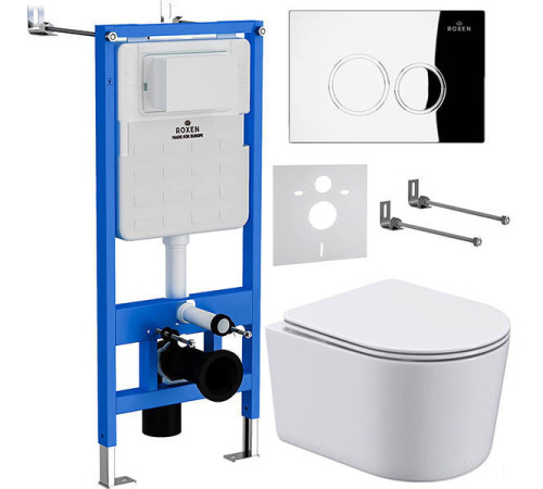 Унитаз подвесной Roxen Simple Compact в комплекте с инсталляцией StounFix Dual Fresh 6 в 1 913681 кнопка: хром глянец