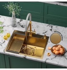 Кухонная мойка Roxen Simple 560220-60G-GR золото/текстурная PVD покрытие с коландером и дозатором