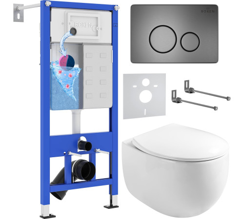 Унитаз подвесной Roxen Egg в комплекте с инсталляцией StounFix Dual Fresh 6 в 1 964237 кнопка: оружейная сталь