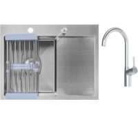 Кухонная мойка Saniteco 6550-L + Spike F9S07000 хром, с сифоном, дозатором и коландером