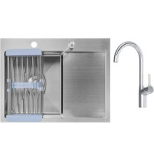 Кухонная мойка Saniteco 6550-L + Spike F9S07000 хром, с сифоном, дозатором и коландером