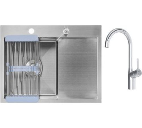 Кухонная мойка Saniteco 6550-L + Spike F9S07000 хром, с сифоном, дозатором и коландером