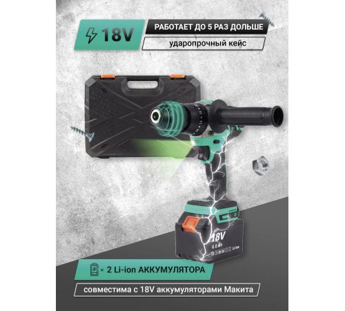Ударная дрель-шуруповерт Zitrek Green Impact 18V 063-4046 с 2-мя АКБ, кейс