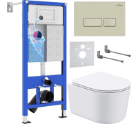 Унитаз подвесной Roxen Simple Compact в комплекте с инсталляцией StounFix Dual Fresh 6 в 1 966686 кнопка: бежевый