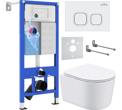 Унитаз подвесной Roxen Simple Compact в комплекте с инсталляцией StounFix Dual Fresh 6 в 1 916803 кнопка: белый глянец