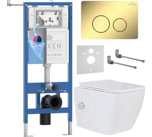 Унитаз подвесной Roxen Cube Tornado Bidet в комплекте с инсталляцией StounFix Dual Fresh 6 в 1 868472 кнопка: золото глянцевая