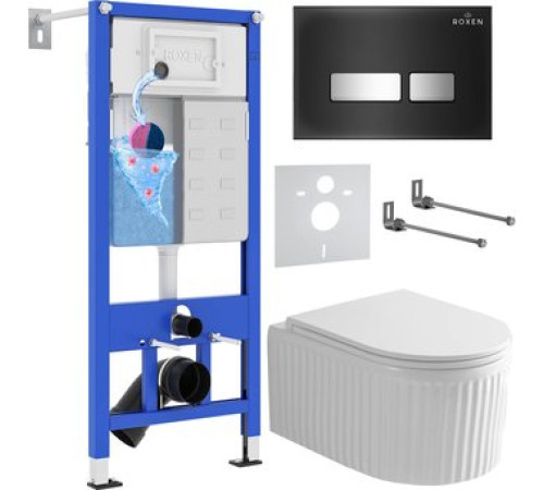 Унитаз подвесной Roxen Royal Matt в комплекте с инсталляцией StounFix Dual Fresh 6 в 1 968297 кнопка: черный/хром