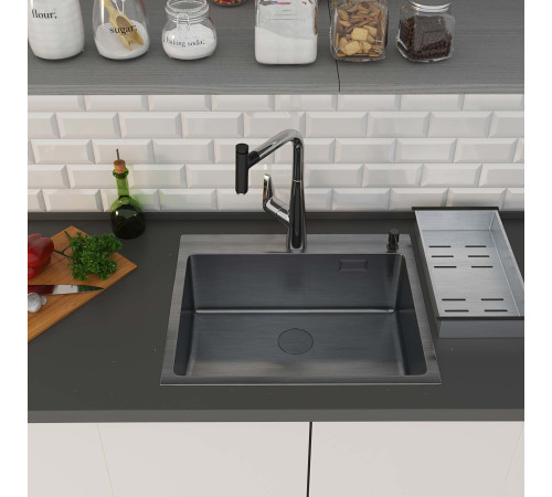 Кухонная мойка Roxen Simple 560220-60B PVD графит с коландером и дозатором