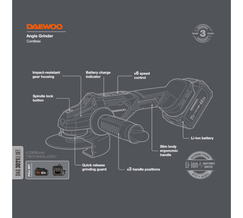 Угловая шлифмашина Daewoo Power DAG 3021Li Set с 1-им АКБ