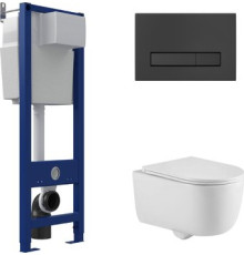 Унитаз подвесной Berges Wasserhaus Tornas Rimless + Atom 410 АТ-043329 с кнопкой Atom Line Soft Touch черный