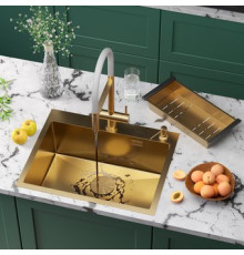 Кухонная мойка Roxen Simple 560220-60G-V золото/текстурная PVD покрытие с коландером и дозатором