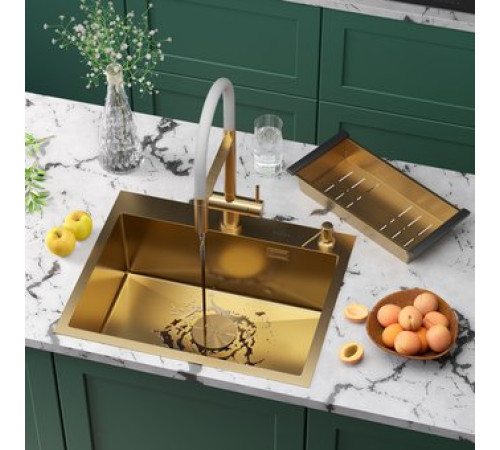 Кухонная мойка Roxen Simple 560220-60G-V золото/текстурная PVD покрытие с коландером и дозатором