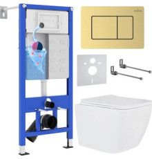 Унитаз подвесной Roxen Cube в комплекте с инсталляцией StounFix Dual Fresh 6 в 1 968469 кнопка: брашированное золото