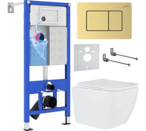 Унитаз подвесной Roxen Cube в комплекте с инсталляцией StounFix Dual Fresh 6 в 1 968469 кнопка: брашированное золото