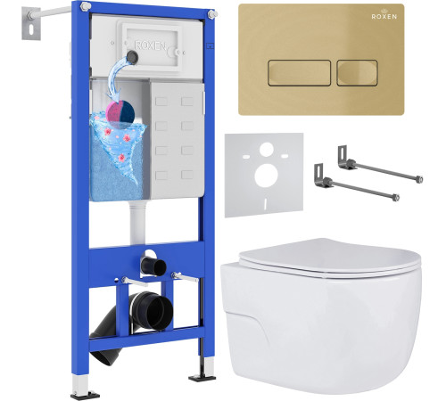 Унитаз подвесной Roxen Porto в комплекте с инсталляцией StounFix Dual Fresh 6 в 1 968069 кнопка: брашированное золото