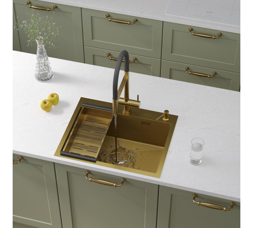 Кухонная мойка Roxen Snake 560220-60-GS PVD Gold золотая/текстурная с коландером и дозатором