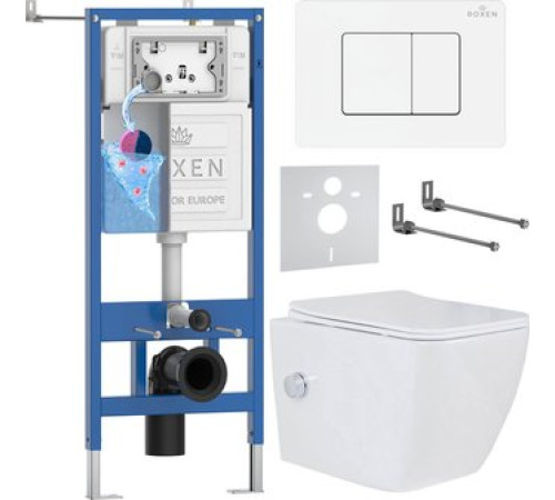Унитаз подвесной Roxen Cube Tornado Bidet в комплекте с инсталляцией StounFix Dual Fresh 6 в 1 868630 кнопка: брашированное золото матовая