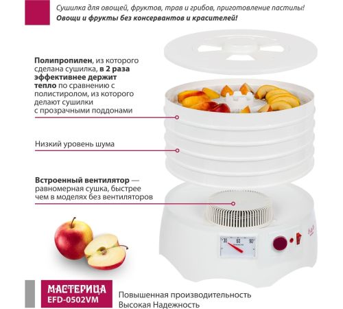 Сушилка для овощей и фруктов Мастерица EFD-0502VM 5 поддонов и 1 поддон для пастилы