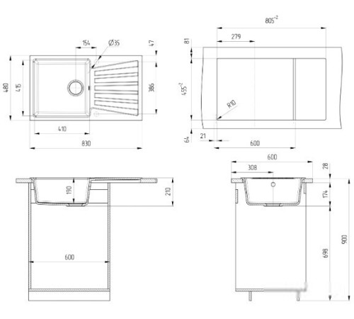 Кухонная мойка Ulgran U-703 344 ультра-черный