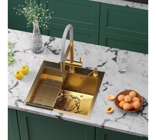 Кухонная мойка Roxen Simple 560220-50G-GR золото/текстурная PVD покрытие с коландером и дозатором