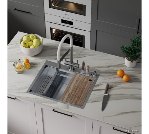 Кухонная мойка Roxen Stage 560250-60 сатин c держателем для ножей, двумя коландерами, разделочной доской и дозатором