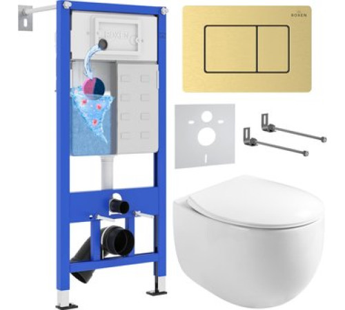 Унитаз подвесной Roxen Egg в комплекте с инсталляцией StounFix Dual Fresh 6 в 1 968475 кнопка: брашированное золото