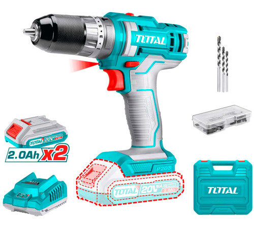Ударная дрель-шуруповерт Total TIDLI201452 с 2-мя АКБ, кейс, набор оснастки