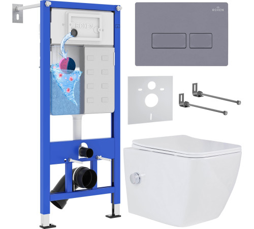 Унитаз подвесной Roxen Cube bidet в комплекте с инсталляцией StounFix Dual Fresh 6 в 1 966807 кнопка: серый гранит