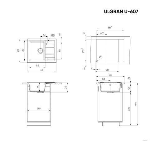 Кухонная мойка Ulgran U-607 черный