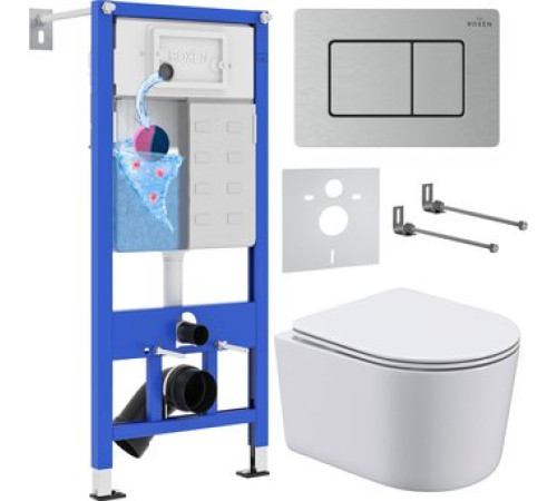 Унитаз подвесной Roxen Simple compact в комплекте с инсталляцией StounFix Dual Fresh 6 в 1 968486 кнопка: сатин