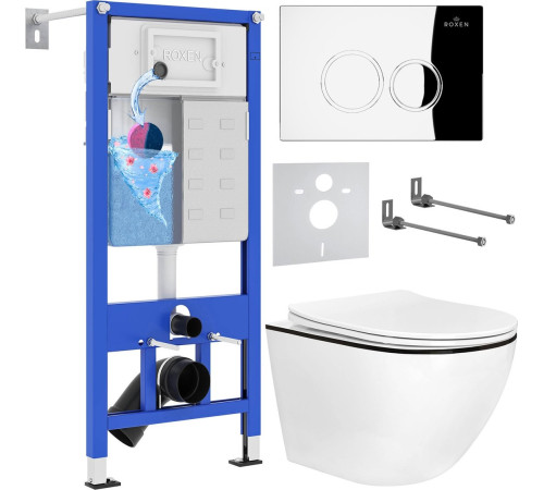 Унитаз подвесной Roxen Antares Black в комплекте с инсталляцией StounFix Dual Fresh 6 в 1 964658 кнопка: хром глянец