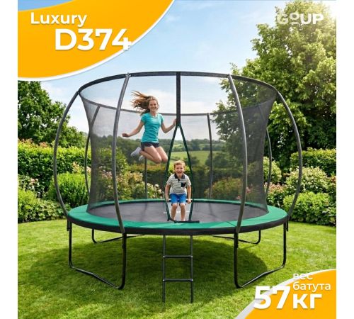 Батут GoUP Luxury-D374 с сеткой и лестницей, темно-зеленый