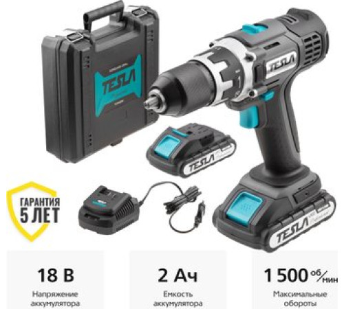 Дрель-шуруповерт Tesla TCD182DC с 2-мя АКБ, кейс