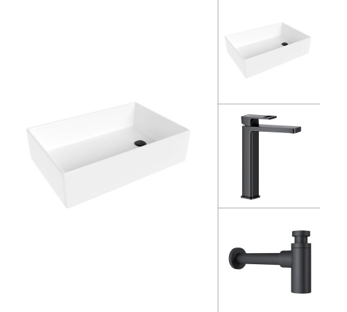 Умывальник Lauter 21518-1 + Cascade 21СК0655BS с сифоном 21635B черный матовый