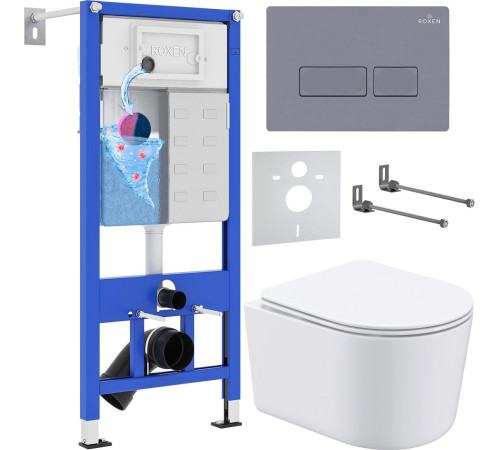 Унитаз подвесной Roxen Simple Compact в комплекте с инсталляцией StounFix Dual Fresh 6 в 1 966808 кнопка: серый гранит