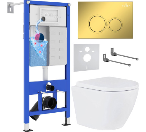Унитаз подвесной Roxen Antares в комплекте с инсталляцией StounFix Dual Fresh 6 в 1 968011 кнопка: золото глянцевое